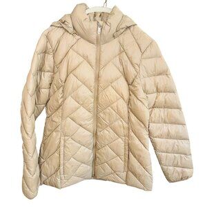 London Fog Women's Down Lightweight Packable Hooded Puffer Jacket M Beige Nylon